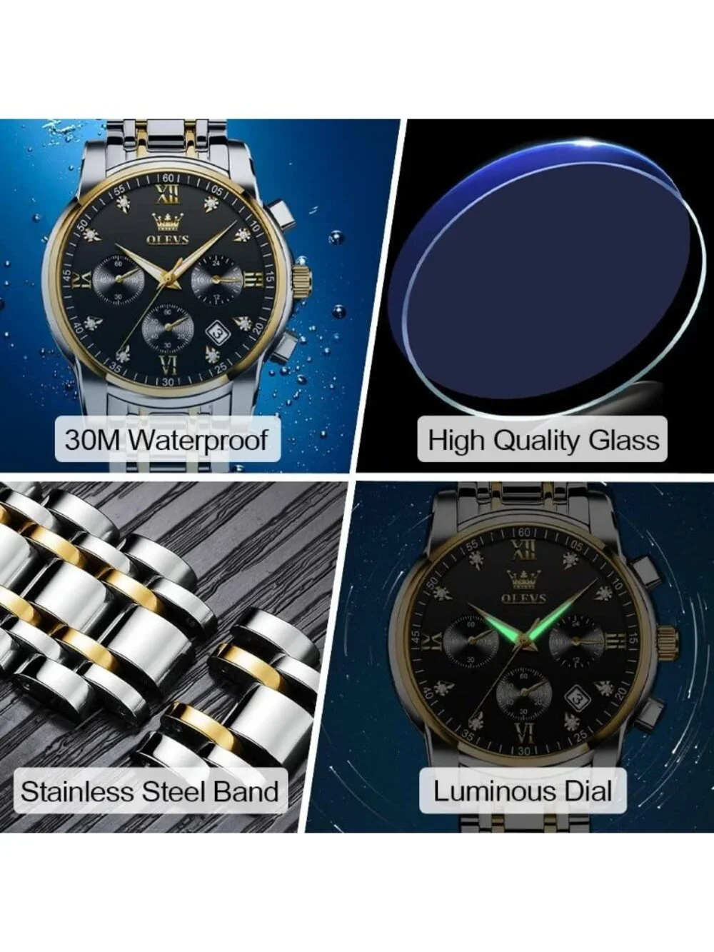 Men's Black Face/Two Tone Strap Stainless Steel Chronograph Waterproof  Watch